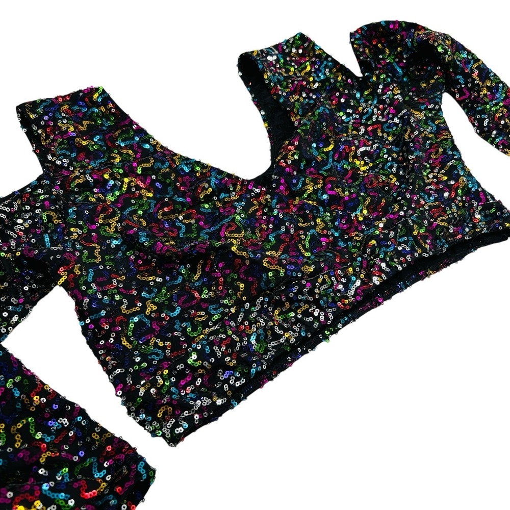 Y2K Sequin Crop Top Sz XL Glam Disco Off Shoulder Shrug Stretch Club Pride Dance